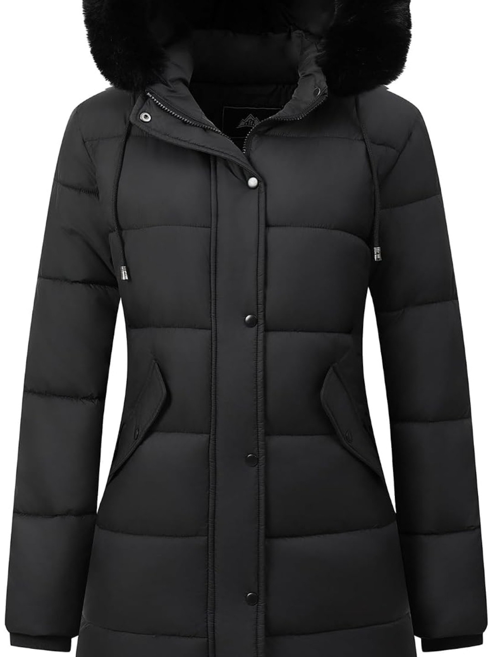 Women's Black Puffer Coat with Faux Fur Hood